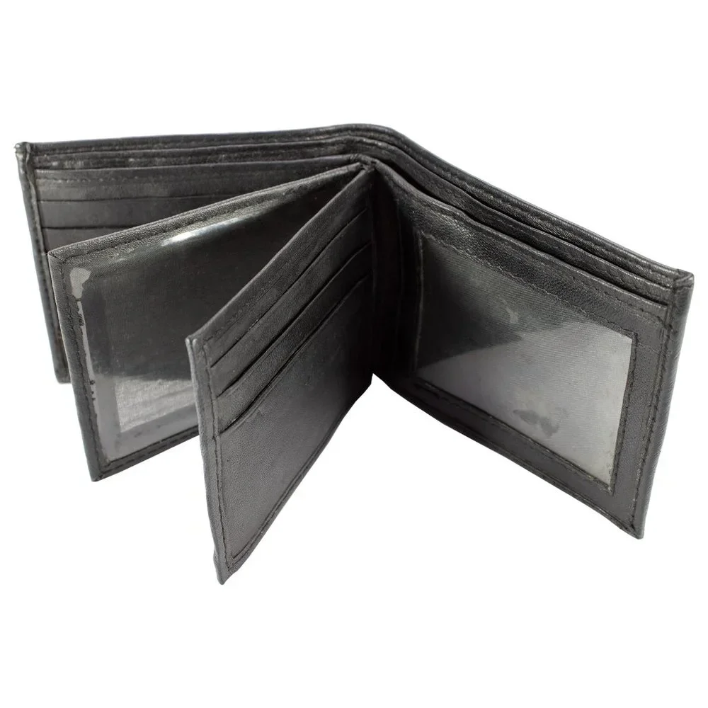 Men Lambskin Leather Wallet with Bifold 2 Center Flap, Black